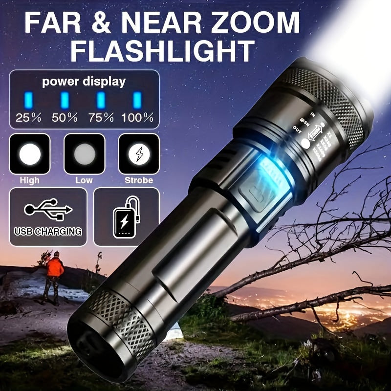 Powerful LED flashlight with USB charging, 800mAh battery, portable and versatile for indoor and outdoor use.