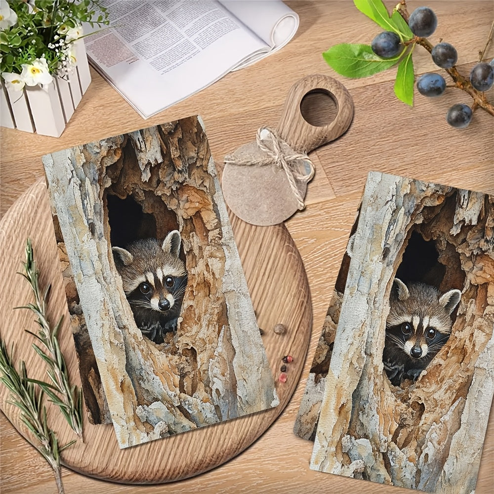 Ideal for both holiday decor and everyday use, these 2 pieces of ultra soft kitchen towels feature a cute raccoon peeking design. They are highly absorbent, machine washable dish hand towels that measure 40.64x60.96 cm.