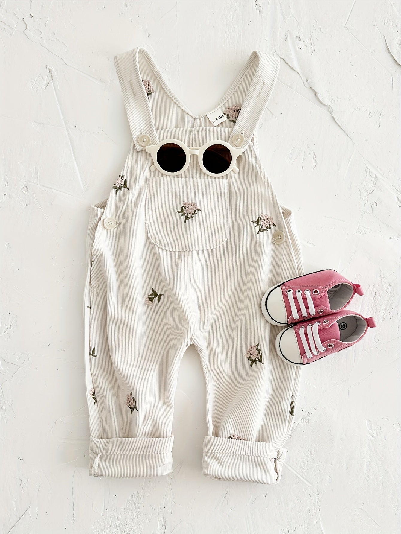 Infant & toddler girl's flower embroidery overalls, perfect for outdoor wear in spring and fall.