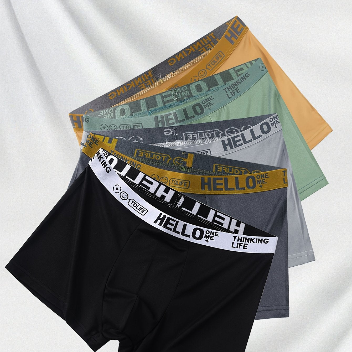 Men's boxer briefs with random 'Hello' print available in sets of 1, 4, 6, or 10. Fashionable, breathable, and comfortable with high stretch and quick-drying capabilities for sports.