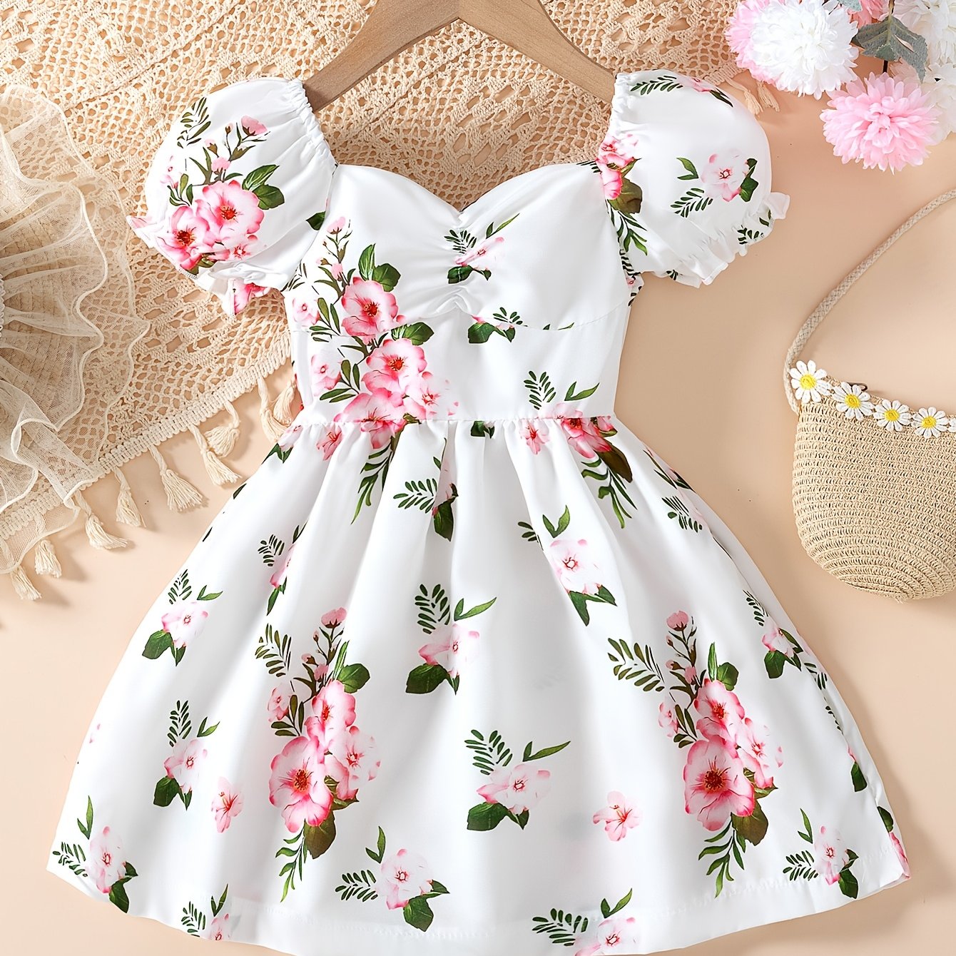 Flower Lady Lantern Sleeve Summer Dress with Sweet Skirt