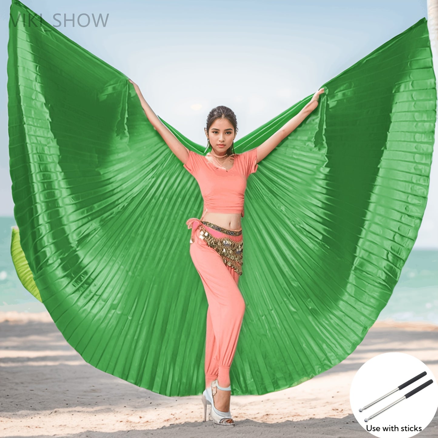 Golden Butterfly Wings Belly Dance Costume with 360° cape, telescopic sticks included. Fits height 61-69.