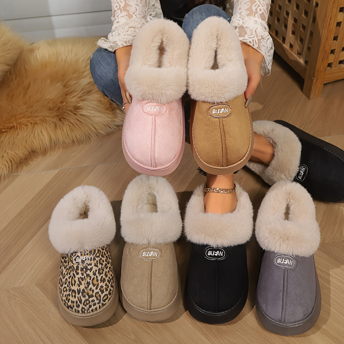 Women's preppy solid color slip on furry slippers with soft warm fleece, round toe, EVA sole, fabric upper and inner material, all-season casual wear.