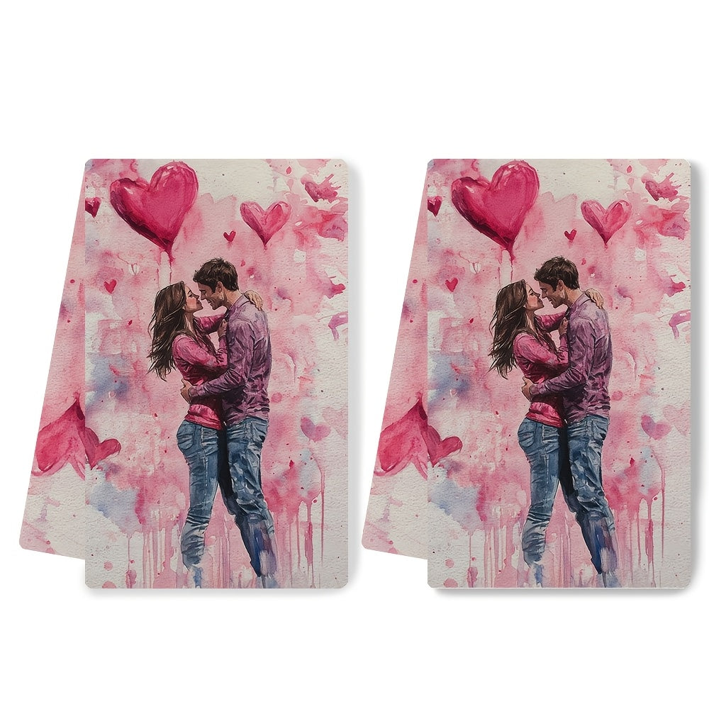 Set of 2 Valentine's Day Kitchen Towels for Lovers, Modern Coastal Design, Highly Absorbent Polyester Fabric, Easy to Clean in Washing Machine, Size 16x24 inches, Stylish Hand Towels for Holiday Decoration - SKU 2KYSYS1217571, Dish Towels Included