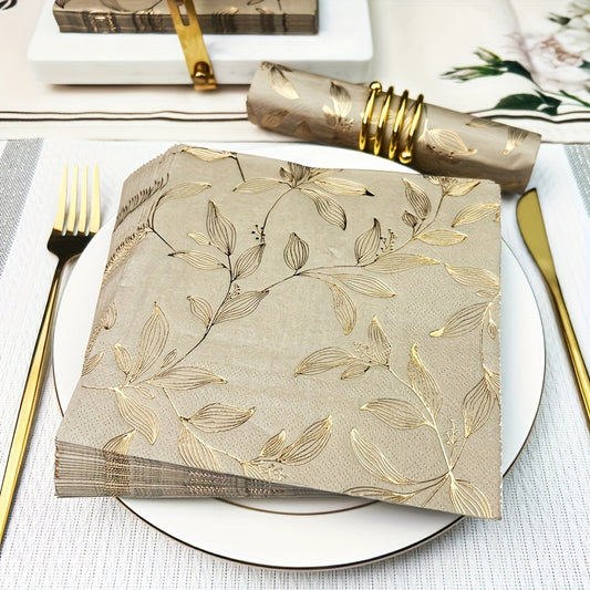 Pack of 60 Golden Leaf Pattern Square Paper Napkins, 2-Ply Disposable, Machine-Crafted, Hot Stamped, Size 33.02 x 33.02 cm, Ideal for Dinner, Restaurant, and Party Decoration.