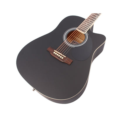 41-inch all mahogany black folk guitar with matte finish, enclosed tuners, tech wood fingerboard, rosewood bridge, black pickguard, includes black gig bag, picks, strap. Eid Al-Adha Mubarak.