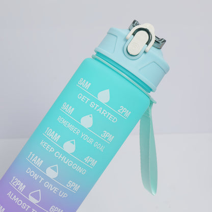 Lightweight water bottle with straw and time stamp, fixed hand strap prevents falling off, practical for daily outings and various sports, reasonable liquid capacity design for reassurance.