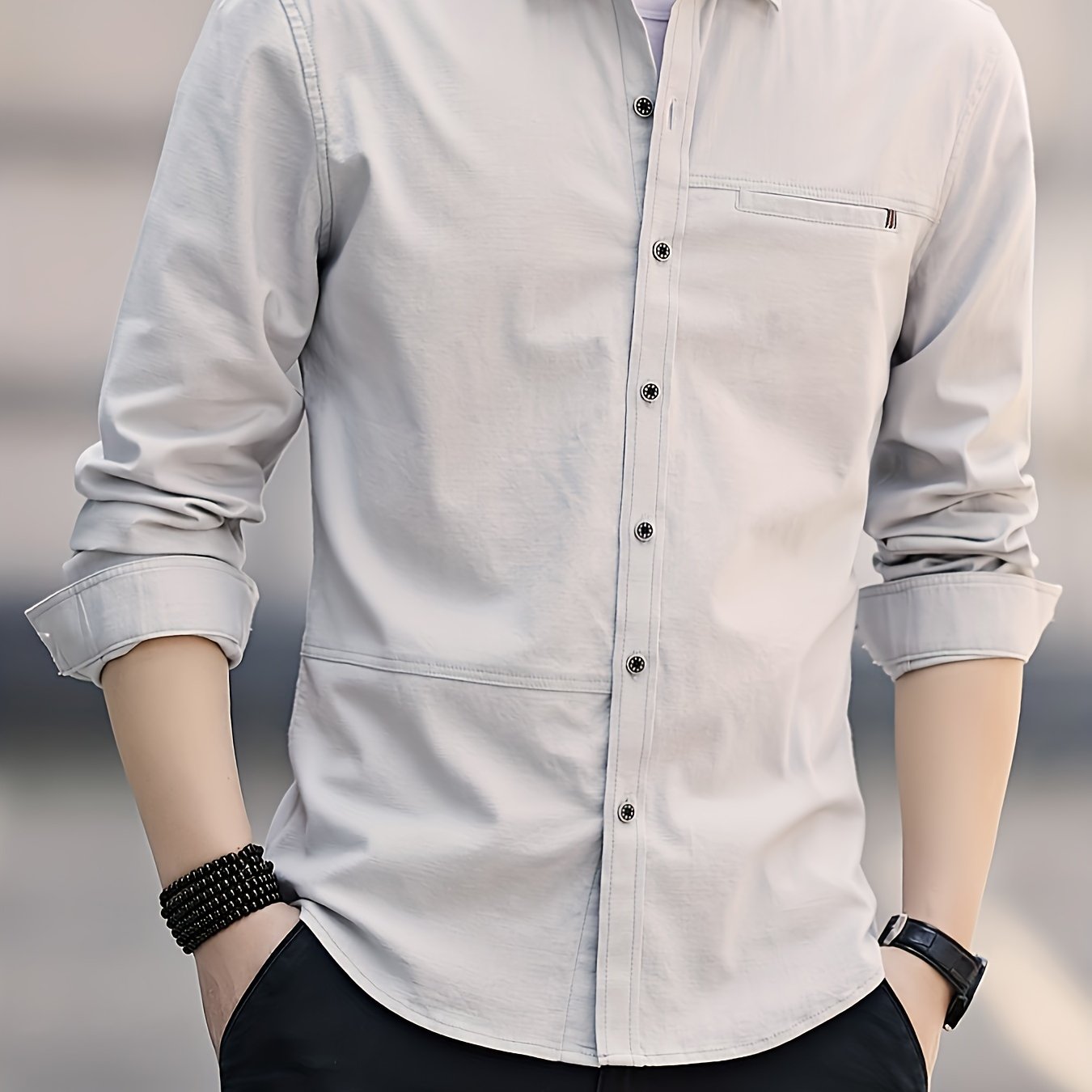 Men's Solid Long Sleeve Button Up Shirt for Daily Wear, Spring/Fall Outdoor Fashion