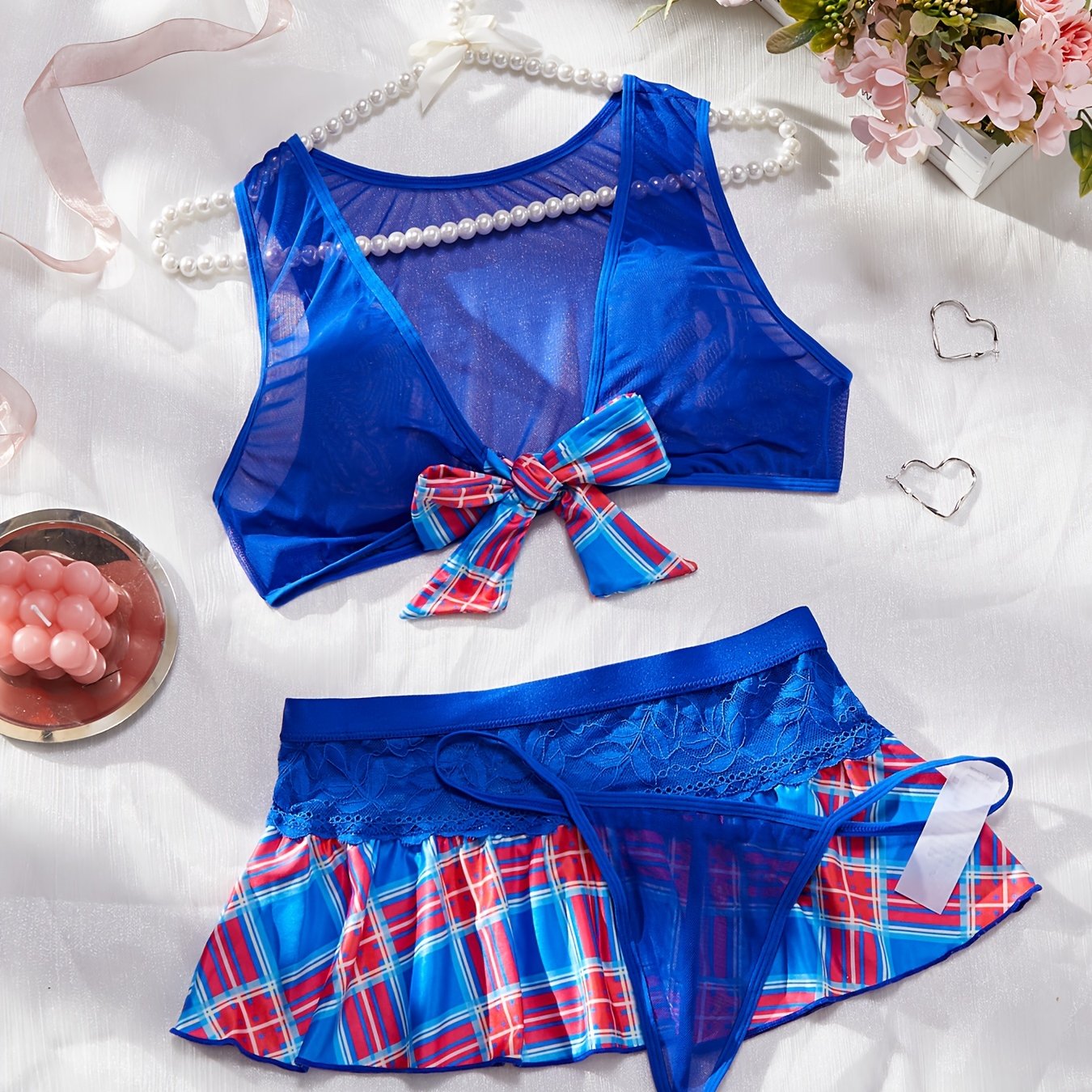 Plaid print cosplay set with sheer skirt, tank top, and thong, sexy lingerie for women.