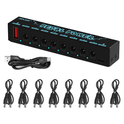 Portable pedal power supply with 8 isolated 9V channels, Type C input, 8 DC outputs, 1 USB output, and short circuit protection.