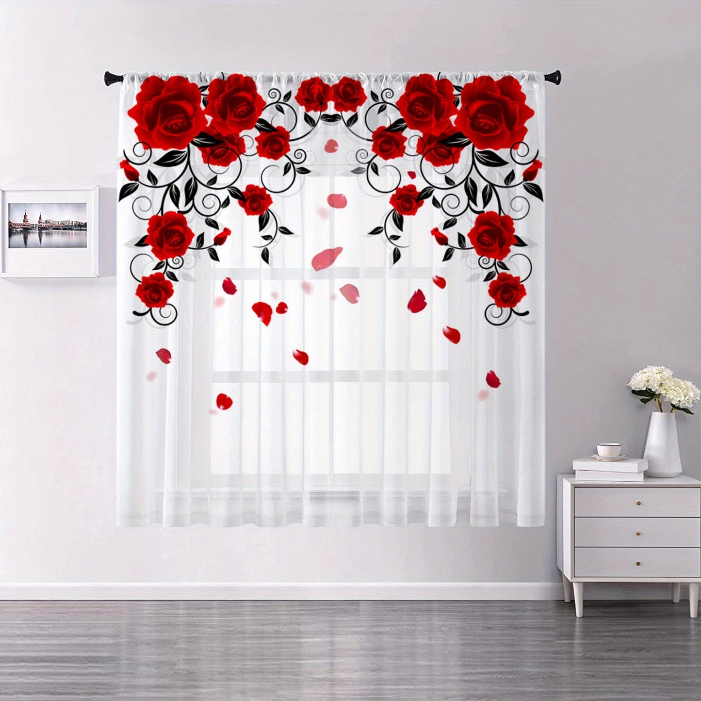 Red Rose Printed Curtain with Rod Pocket for Bedroom, Office, Kitchen, Living Room, Study - Home Decor, Aesthetic Room Decoration