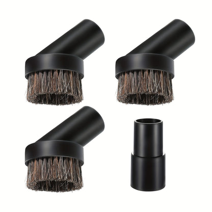 Set of 4 round dustproof vacuum brushes with 1 adapter for 32mm to 35mm and 3 replacement soft bristle attachments for vacuum cleaners.