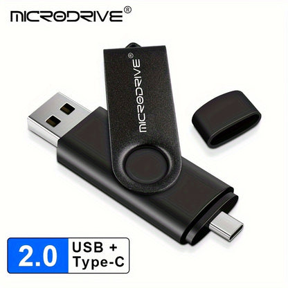 MiCRODRIVE USB 2.0 Pen Drive in 4GB, 8GB, 16GB, 32GB, 64GB, and 128GB capacities, with a 360 rotating metal design and Type-C compatibility for Android devices. Available in black, blue