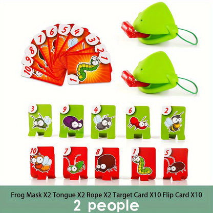 Interactive frog tongue-action game set for kids aged 3-6 includes masks, tongues, target sheets, and numbered tiles. Educational board game made of plastic for 2-4 players.