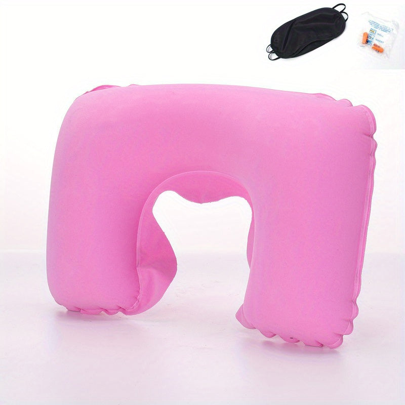 Inflatable U-shaped Travel Pillow Set with Short Plush Cover, PVC Support Headrest, Earplugs, and Eyeshade for Car or Office Use