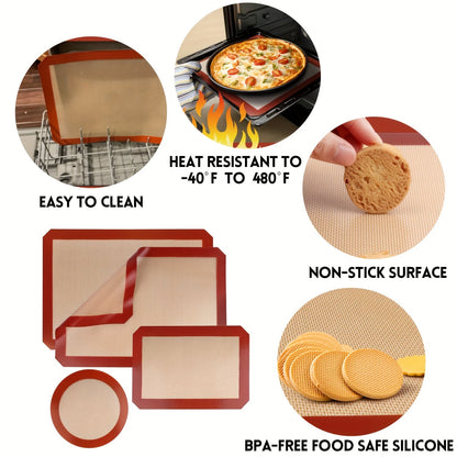 Set of 4 silicone baking mats which are food grade, non-stick, and reusable. These mats can be used in the oven as liners for round and square cake pans, as well as pastry boards for rolling dough. They are perfect for making macarons and cookies, and