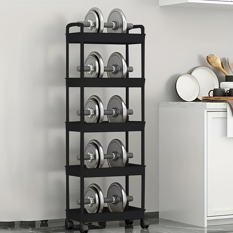 Introducing a 5-tier mobile storage cart with wheels, perfect for organizing kitchen items. This space-efficient cart is ideal for use at home, in the bathroom, or at the gym. Standing at a height of 105.0 cm, this cart does not require electricity to