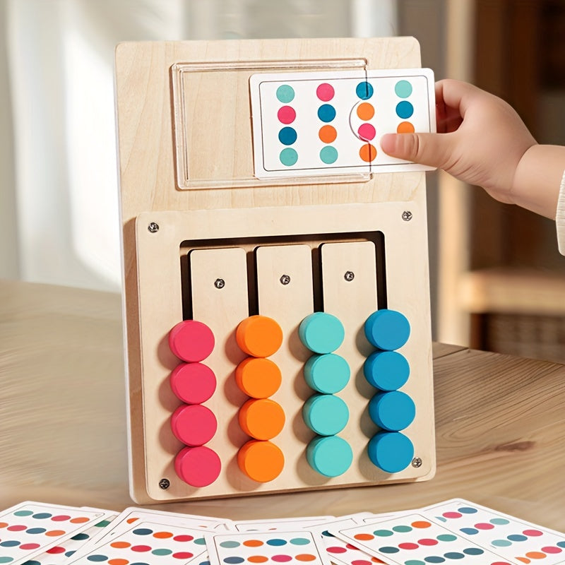 Wooden educational game for youngsters, promoting strategic thinking development and color recognition through four-color card matching. Features vibrant red, green, blue, and yellow pieces.