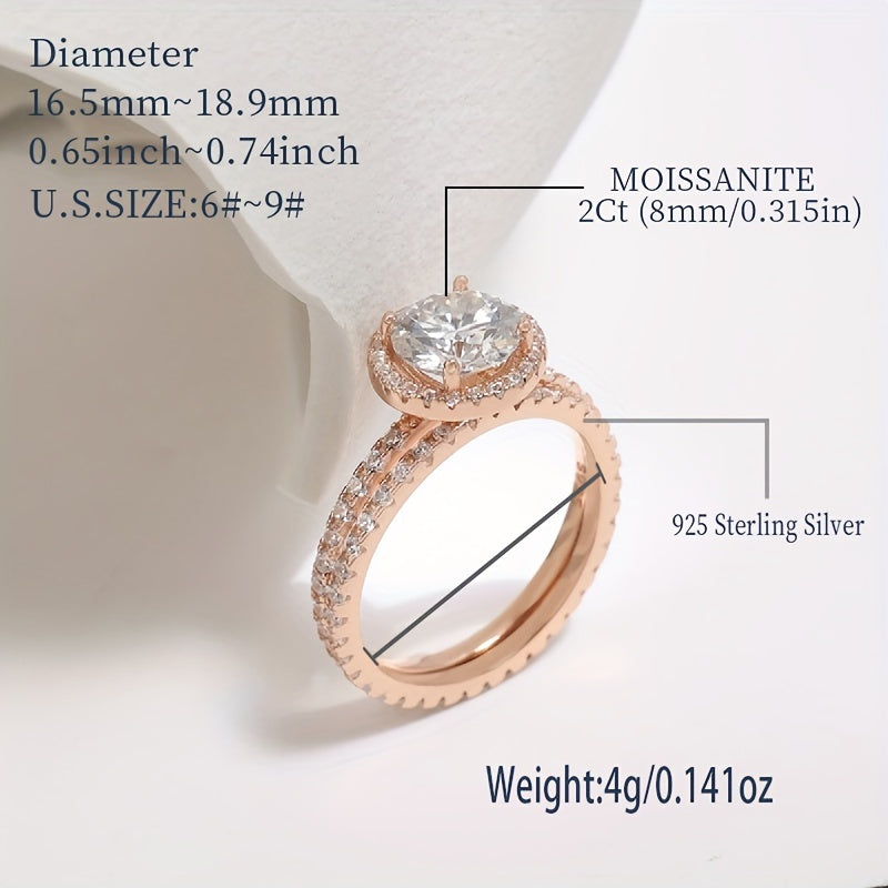 2 carat Moissanite stacking rings made of 925 sterling silver featuring a trendy halo design. Perfect for engagements or weddings, this high-quality jewelry comes with a certificate and a gift box.