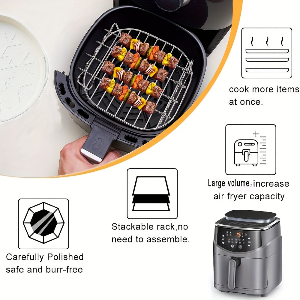 Set of 7 Stainless Steel Air Fryer Accessories, Includes Grill Rack, 4 Skewers, and 2 Silicone Baking Sheets. Safe for Food, Ideal for Grilling, Baking, and Microwave Cooking. Complete with Must-Have Kitchen Tools.