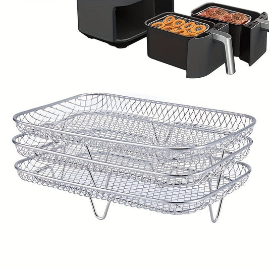 One set of air fryer accessories includes a three-layer square grill rack, steam rack, stainless steel stackable rack, dehydration rack, barbecue basket, barbecue rack, drainage basket, filter rack, food frying basket, and oil brush.