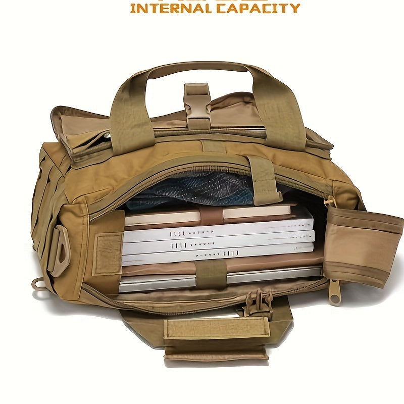 Tactical camo backpack with water-resistant material, laptop compartment, adjustable shoulder strap, zipper closure, and polyester lining. Ideal for outdoor travel.