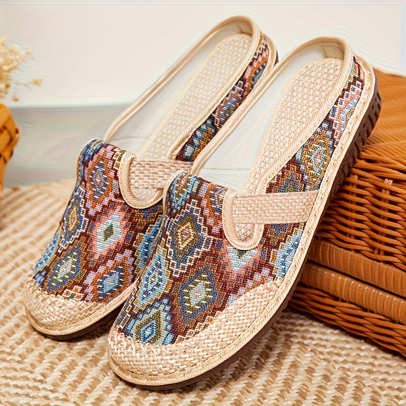 Colorful geometric print mules for women, comfortable for daily wear.