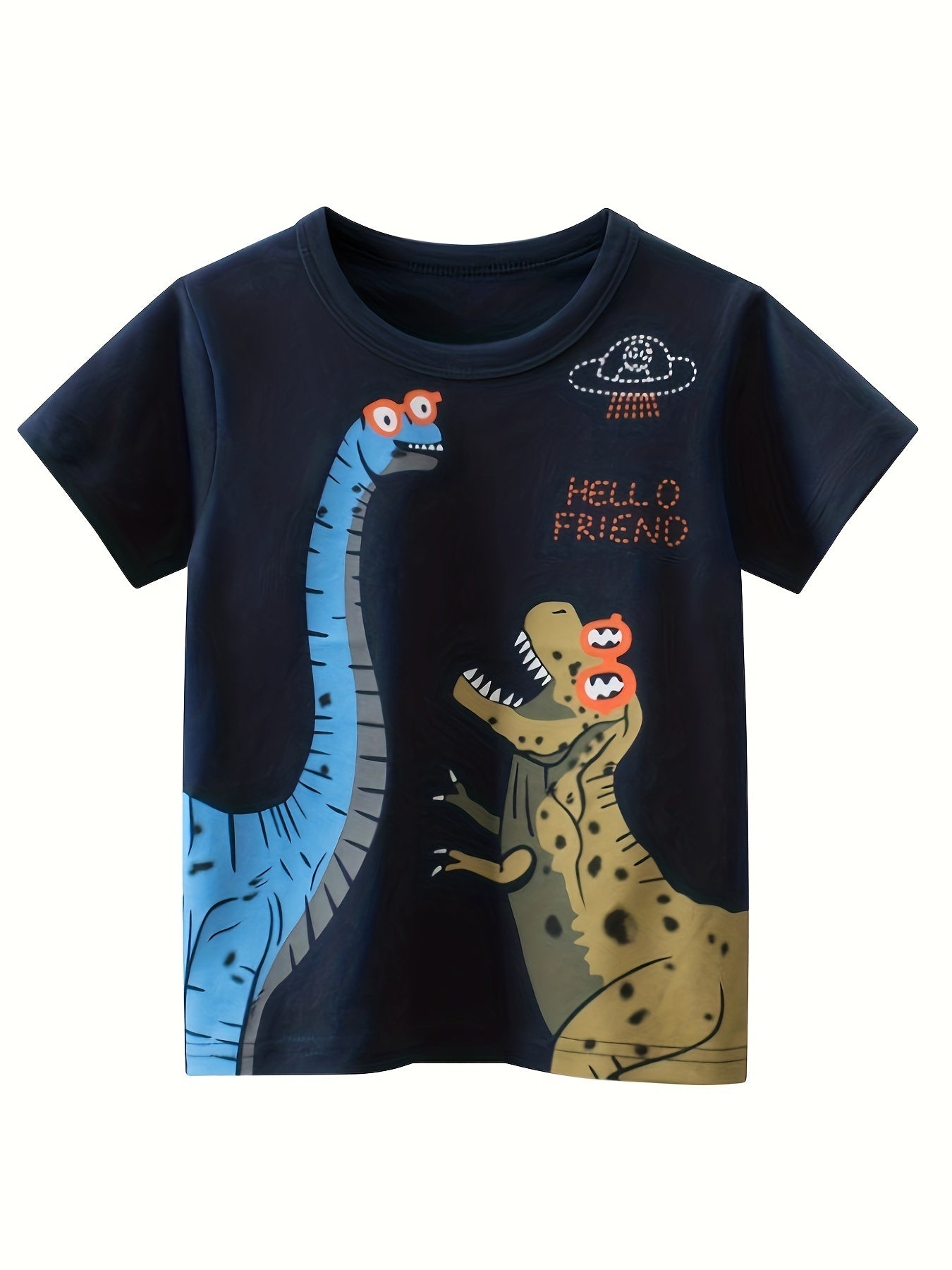 4 cute cartoon shark and dinosaur print boys' t-shirts, cool and versatile with smart short sleeves.