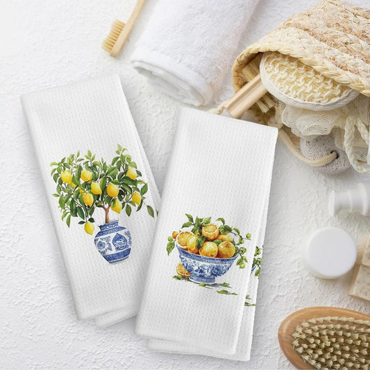 Modern Cartoon Lemon and Blue & White Vase Kitchen Towels, Set of 2 - Super Soft Polyester Dish Cloths, Machine Washable Tea Towels for Kitchen and Bar Cart Decor, Woven Square Design