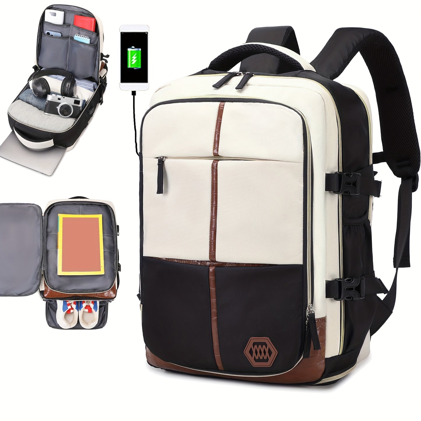 Stylish white and black travel backpack with shoe compartment, USB charging port, and durability for outdoor and school use.