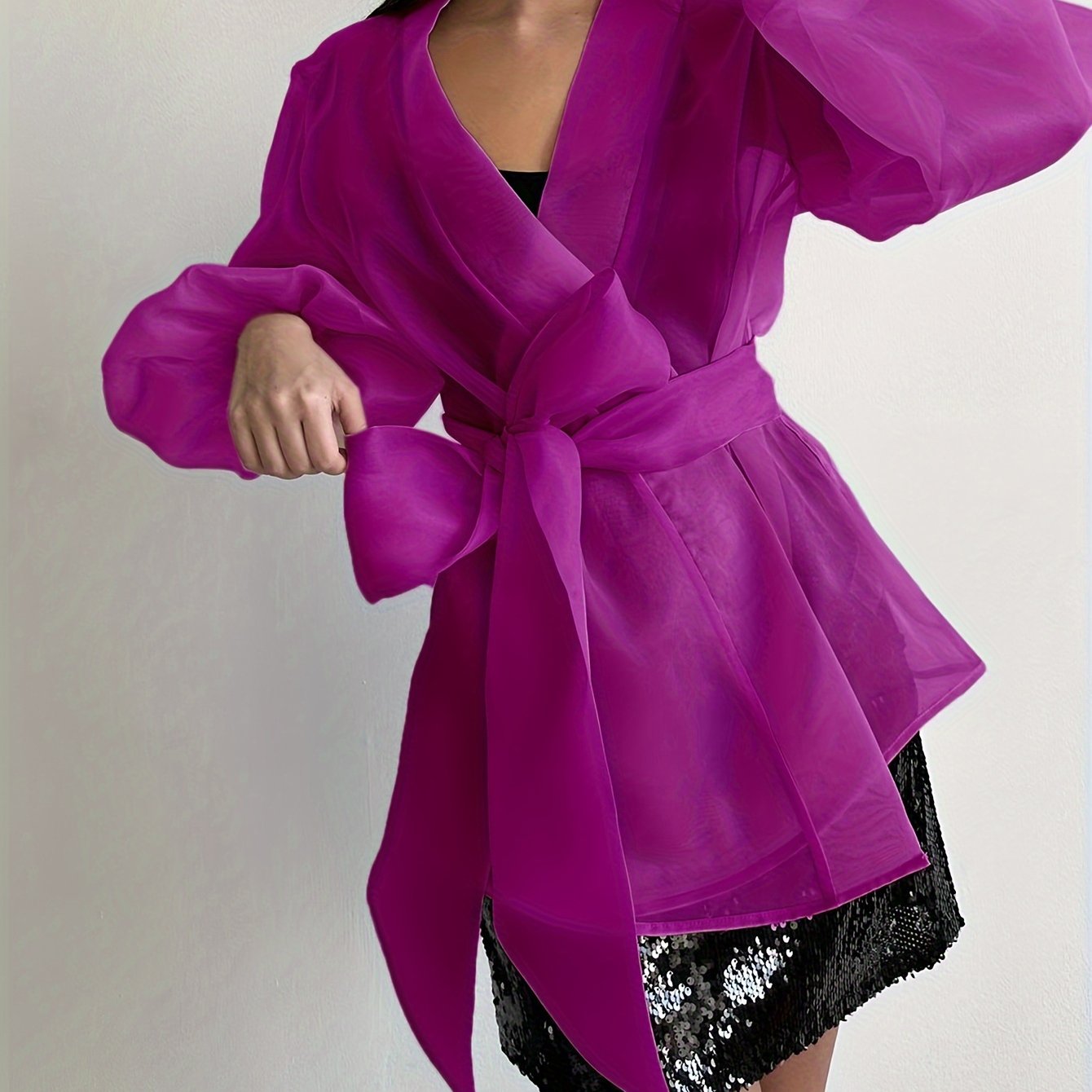 Stylish plus-size women's sheer mesh kimono cardigan with butterfly bow tie, bubble sleeves, and chic polyester material. Hand-washable and suitable for all seasons.