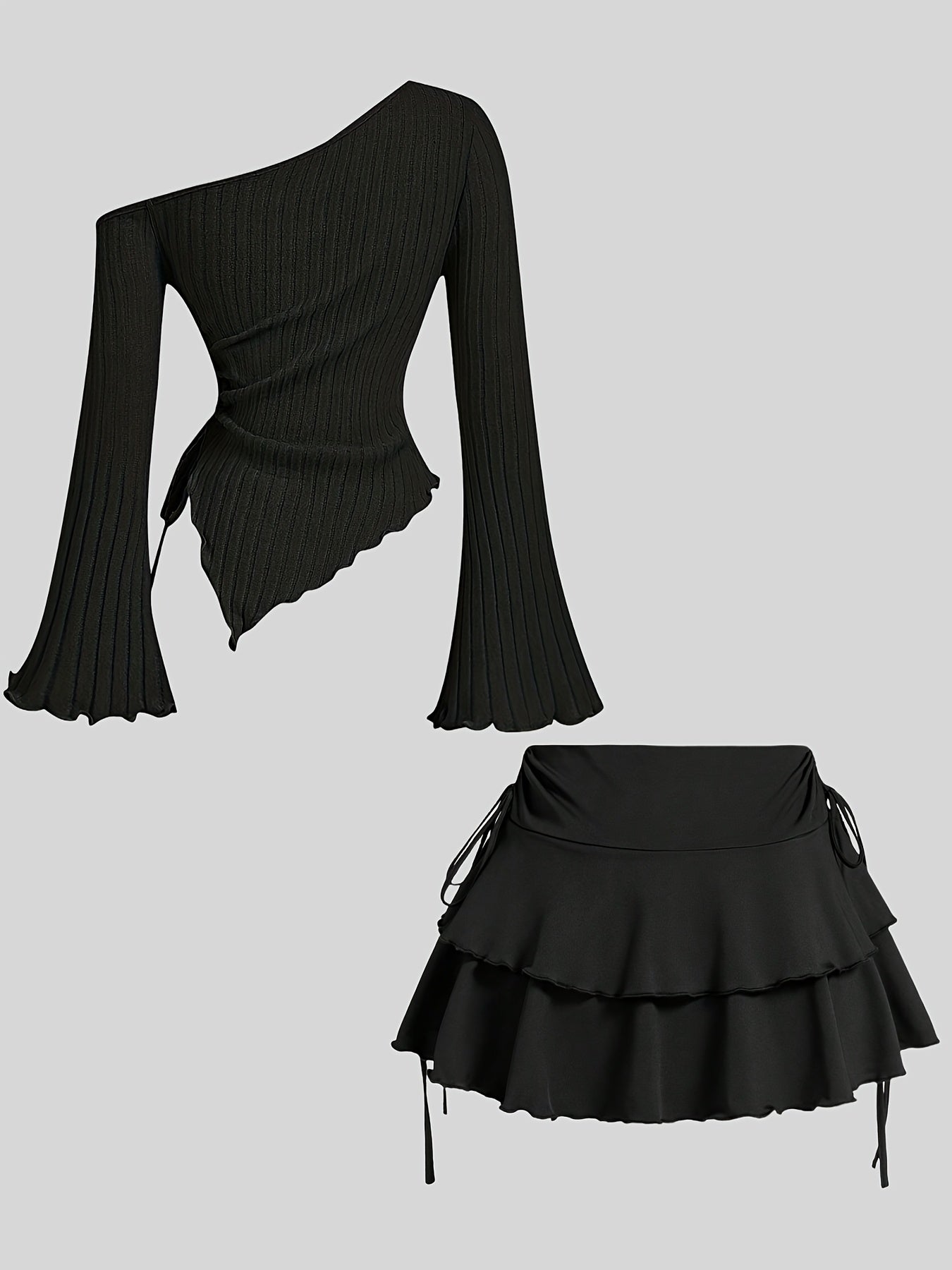 Black polyester knit outfit for spring/summer with off-shoulder top and ruffle skirt.