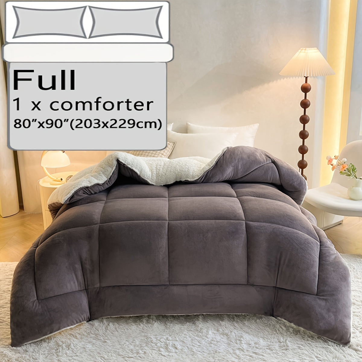 Super cozy Sherpa fleece comforter in a solid color, thick and warm for year-round use. Easy to clean in the washing machine, ideal for bedroom and guest room.