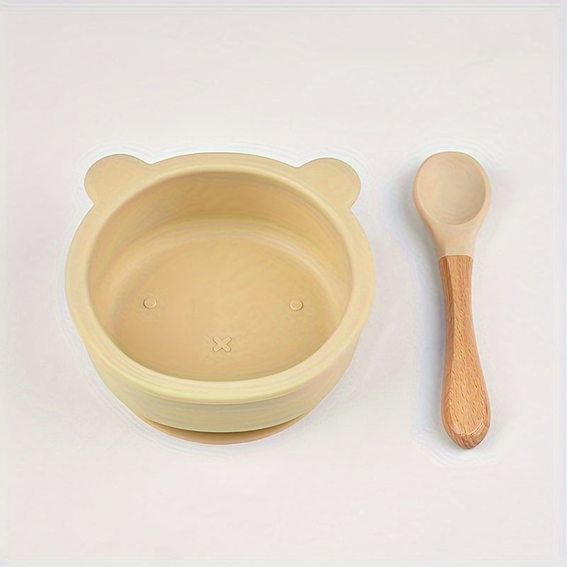 This baby feeding set includes a food grade silicone suction cup bowl with a wooden handle baby food spoon. It is safe for children as it does not contain BPA.