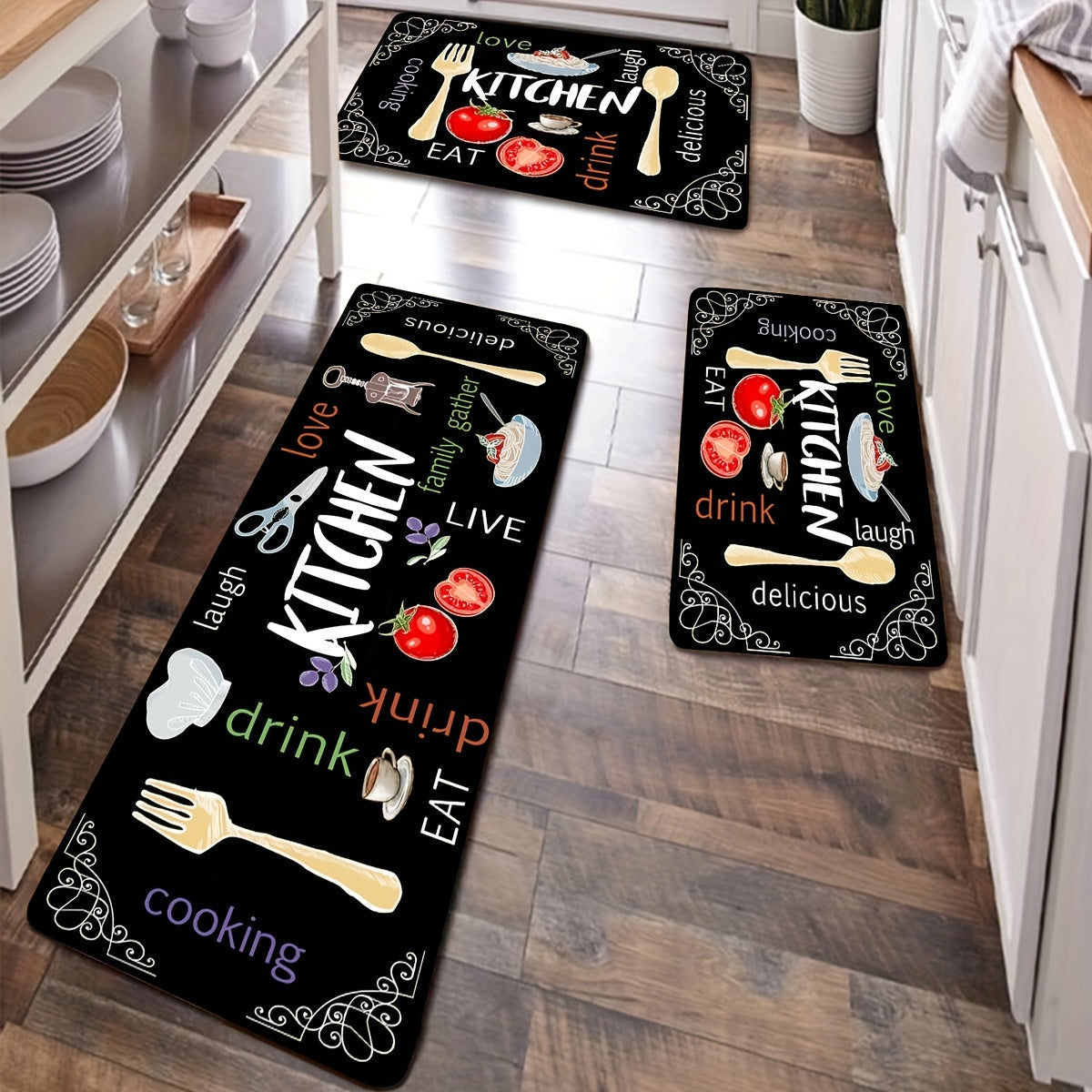 Stain resistant kitchen rug made from memory foam, featuring anti-slip and absorbent properties. Waterproof and soft cushioned for comfort, this rug is perfect for kitchens, hallways, bathrooms, and laundry rooms. Can be thrown in the wash for quick dry