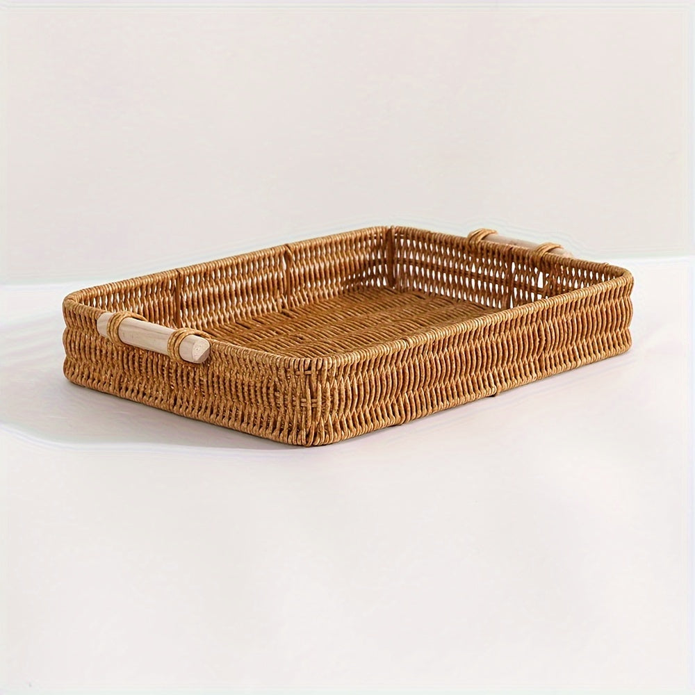 1 piece Woven Rattan Storage Basket with Wooden Handles, Modern Rectangular Tray, Stackable, for Various Uses in Home or Hotel.