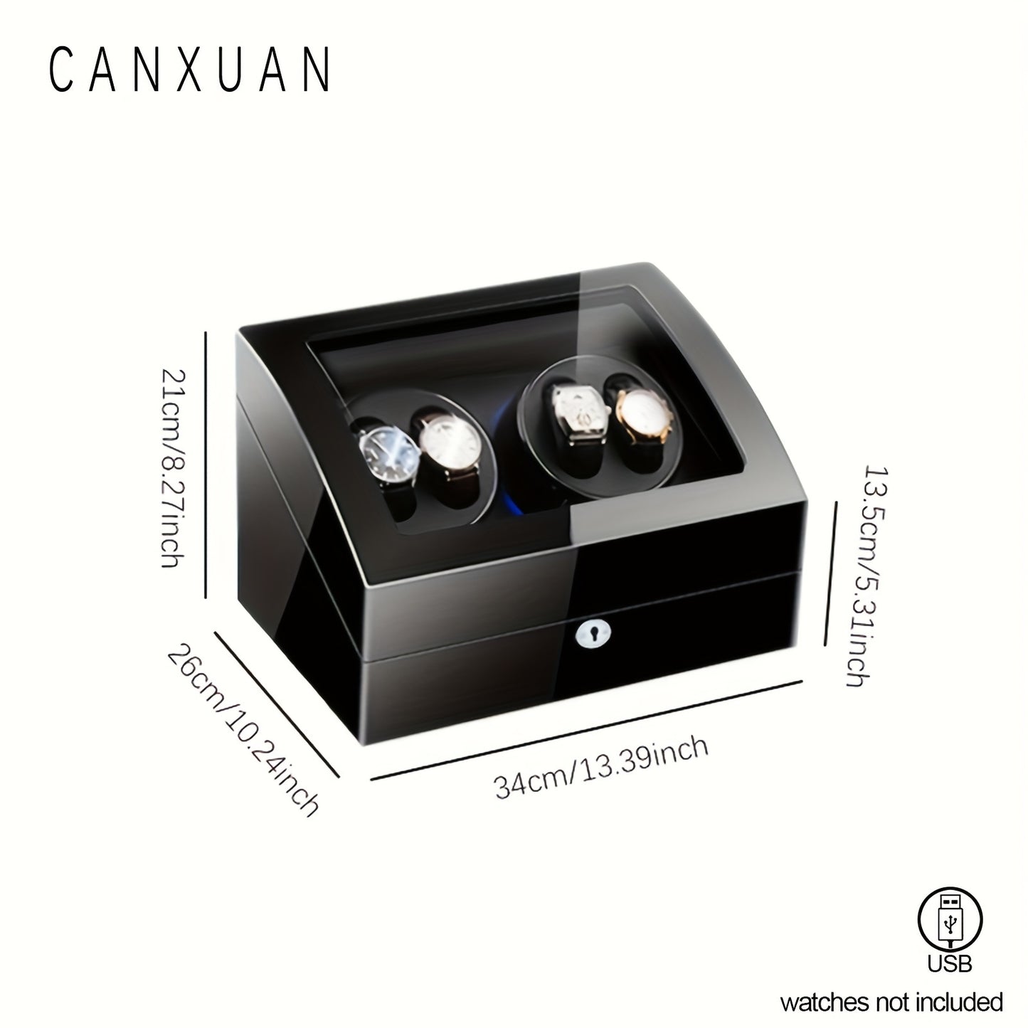 1 pc CANXUAN automatic watch winder box with 4+6 slots, quiet motors, key lock, LED light, soft pillow, faux leather, USB-powered, suitable for men's and women's watches, battery not