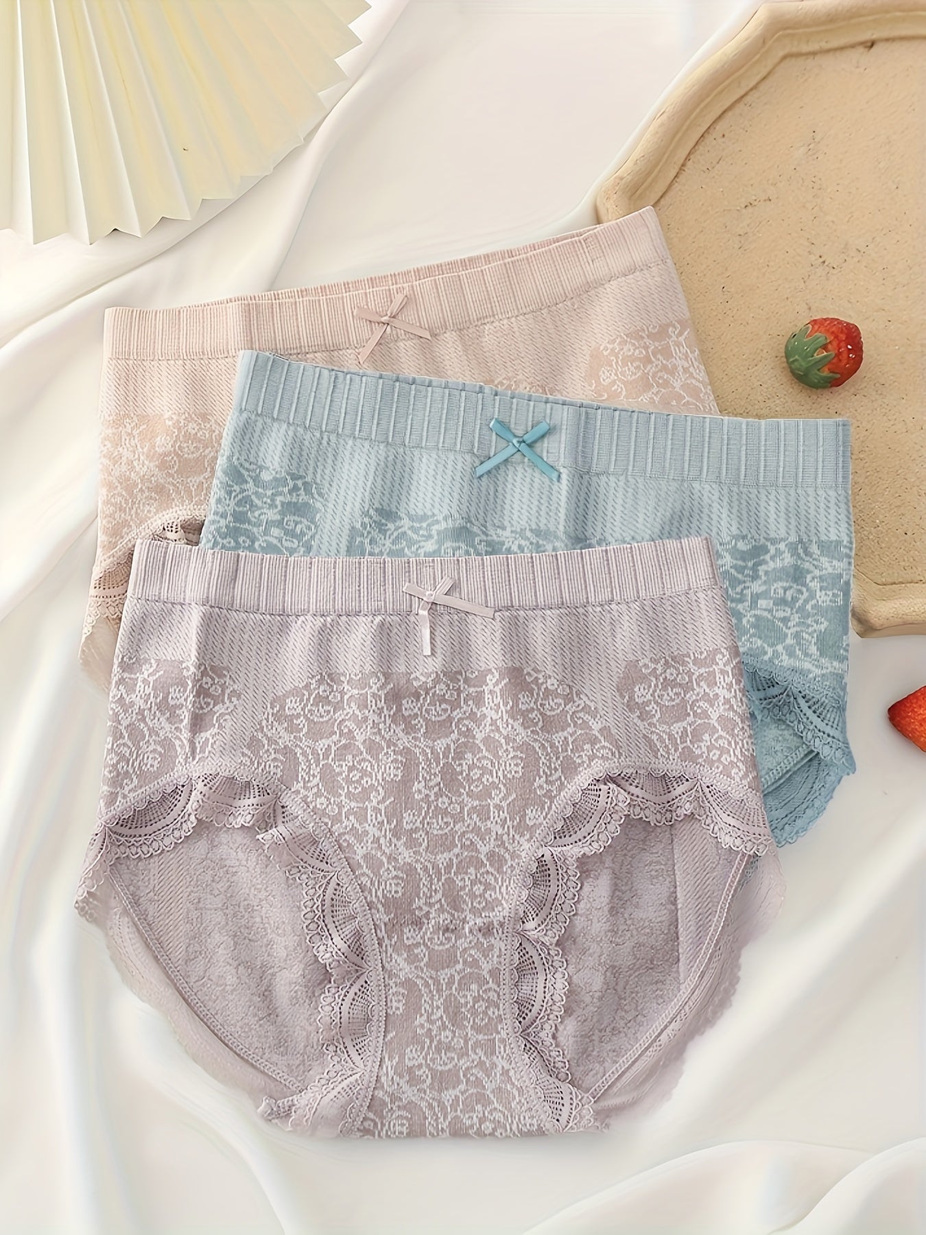 3 Elegant Floral Lace Trim Briefs for Women - Seamless, Breathable & Comfortable Mid-Rise Panties with Bow Detail