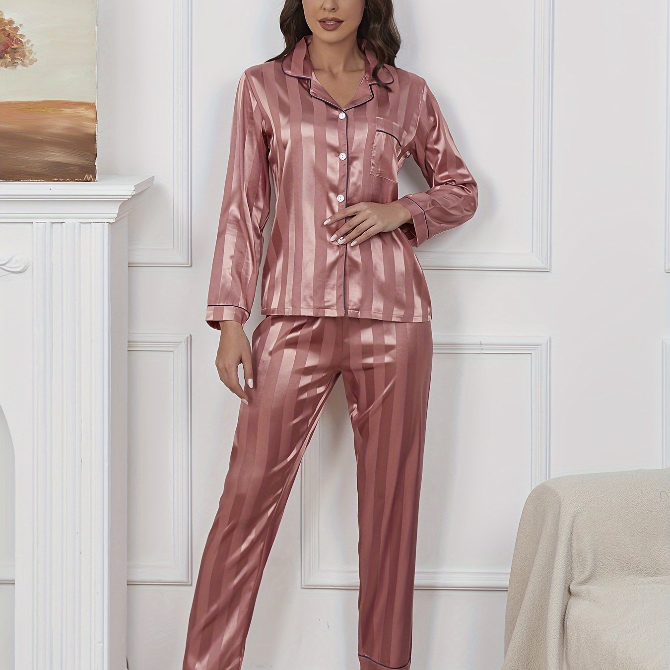 Women's satin pajama set with jacquard stripes, includes button-up top and elastic pants, machine washable, large striped design.