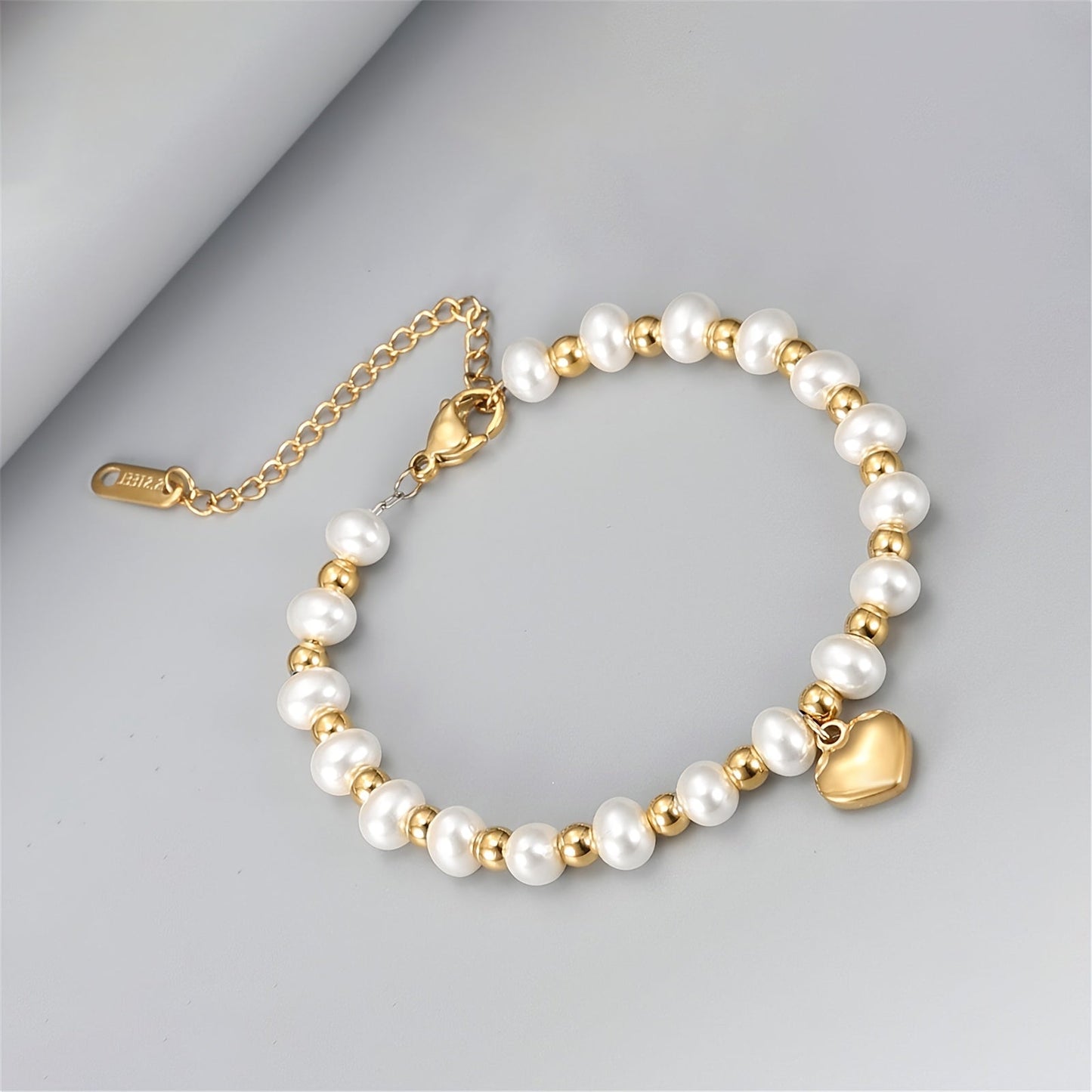 Valentines Day Jewelry Gift: Minimalist Hand Bracelet with Heart-Shaped Pendant and Faux Pearls, Stainless Steel Beads