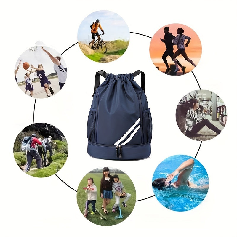 Polyester drawstring gym bag with practical pockets, perfect for basketball, outdoor activities, travel, swimming, hiking, and climbing.