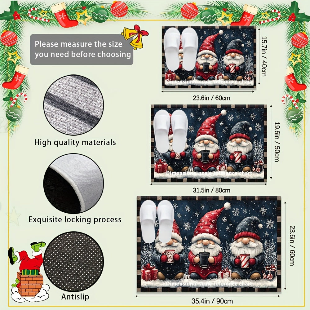 Get into the holiday spirit with the Festive Christmas Gnome Doormat! This non-slip, washable doormat is made of polyester with a rubber backing for durability. Machine-made in a rectangular shape, this welcome mat is perfect for home decor. Lightweight