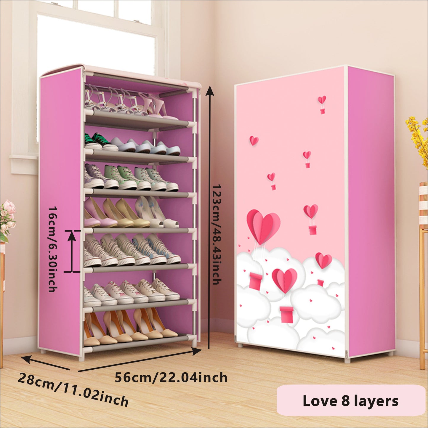 Stylish and durable shoe cabinet with dust cover, featuring a fabric cover with zipper. This shoe rack is perfect for hallways, closets, and garages. The free-standing metal shoe storage rack comes in various patterns.