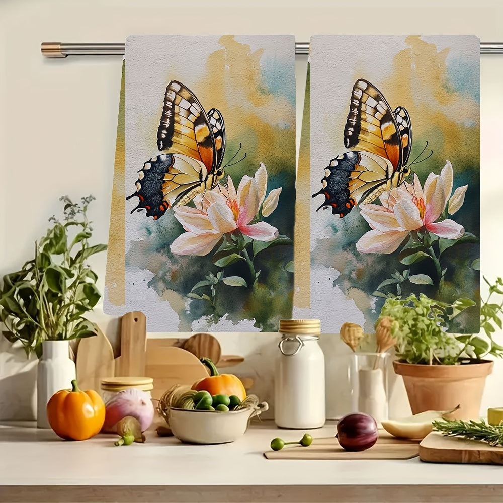 Set of 2 Ultra Soft Kitchen Towels featuring a Delicate Butterfly on Flower Design. These towels are Highly Absorbent, Machine Washable Dish Hand Towels perfect for Contemporary Coastal Decor. Size: 40.64x60.96 cm