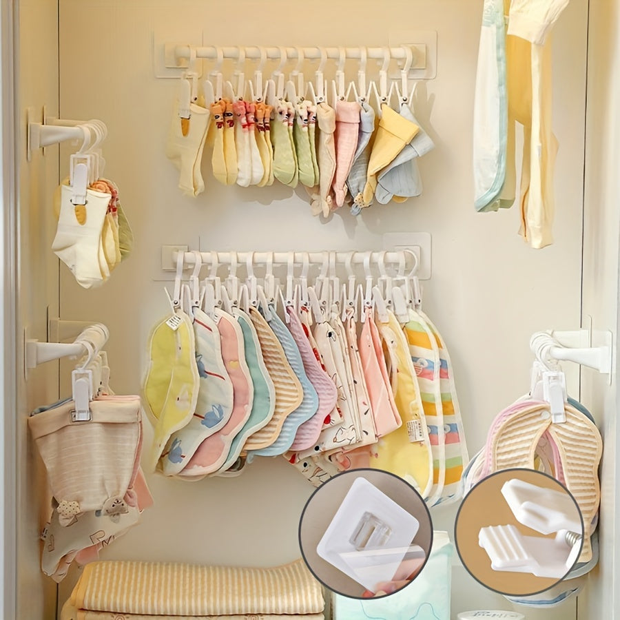 Organize your space with our Wall-mounted Wardrobe Hanging Rod, featuring a hole-free design for easy installation. This storage rack comes with adjustable clips for hats, bibs, towels, and socks, making it the perfect solution for all your household