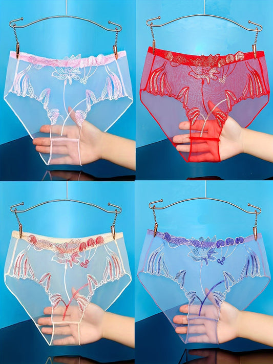 Set of 4 floral embroidered mesh thongs, low-rise semi-sheer panties for women.