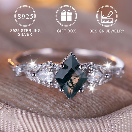 Elegant 925 Sterling Silver Ring Featuring Natural Moss Agate, Geometric Faceted Design, Perfect for June Birthdays or Valentine's Day. High-Quality Jewelry Ideal for Women to Wear Daily.