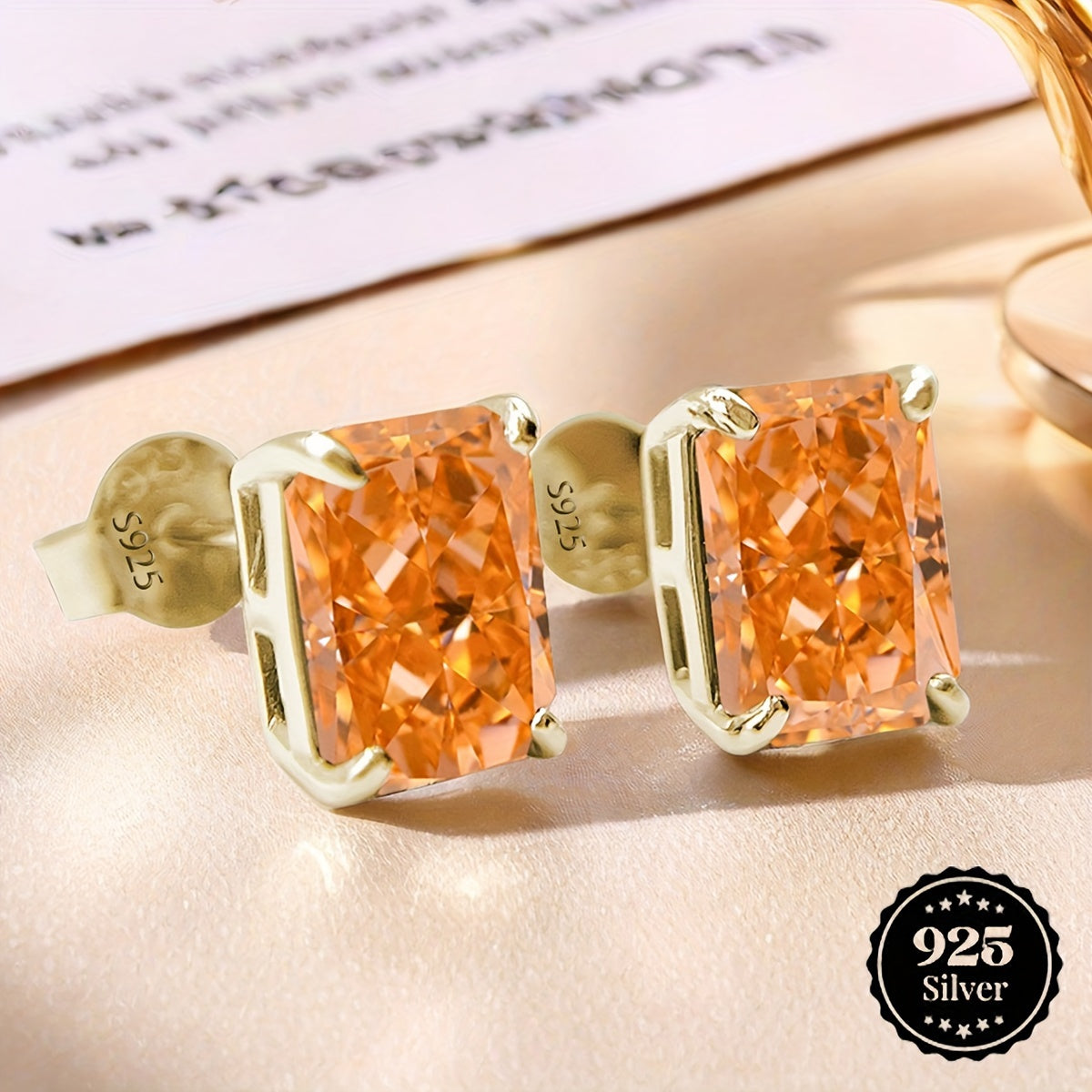 Stunning Ice-Cut Morganite Orange Rectangular 8*10mm S925 Silver Stud Earrings with Simplistic Four-Claw Setting, featuring Synthetic Zircon stones. This custom jewelry piece exudes classic style, making it a chic wedding accessory or the perfect