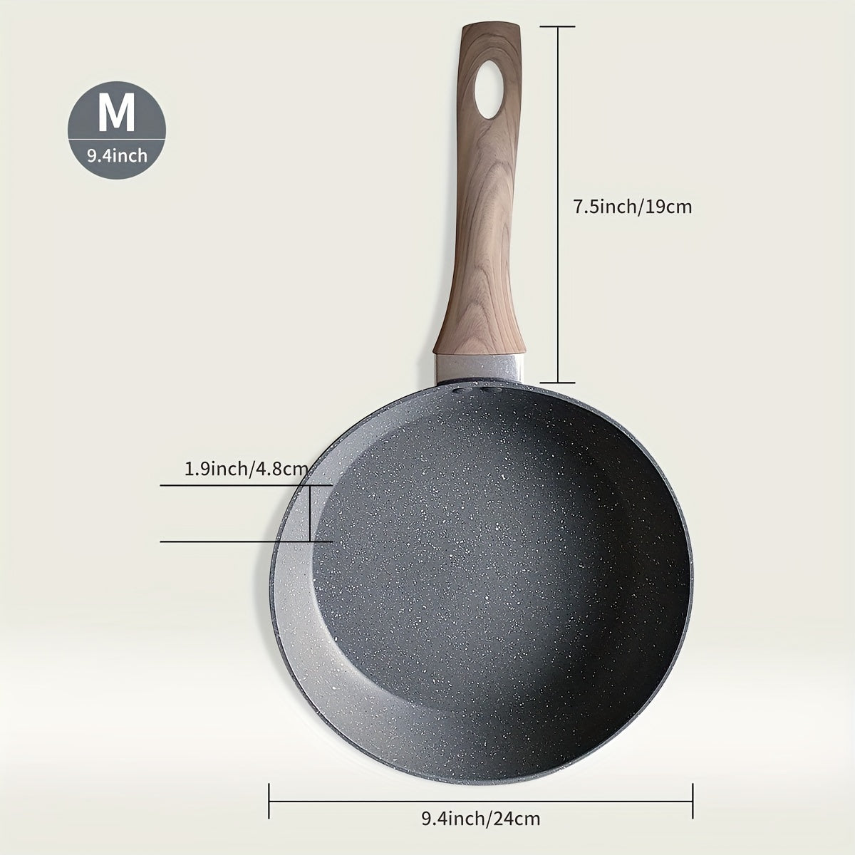 Non-stick aluminum frying pan designed for frying eggs and steaks on household induction cookers and gas stoves. Constructed with gray granite stone for durability.