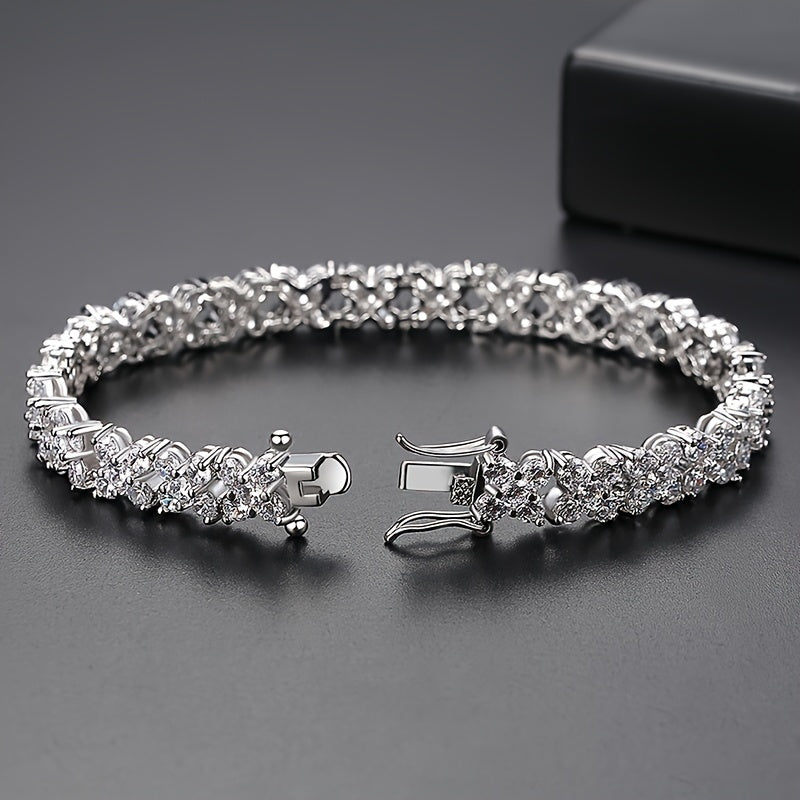 Elegant Luxury Style Copper Bracelet with Full Shiny Zirconia Inlay, Delicate Female Hand Jewelry